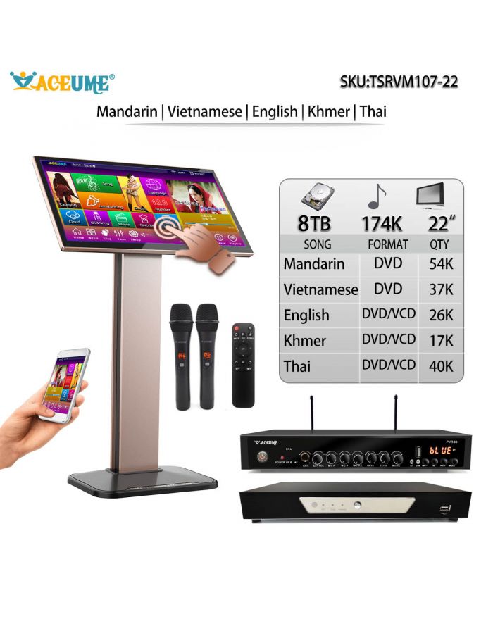 TSRVM107-22 8TB 174K Chinese English Khmer Thai Vietnamese Songs 22" TSRV Touch Screen Karaoke Player Cloud Download Remote Controller Microphone