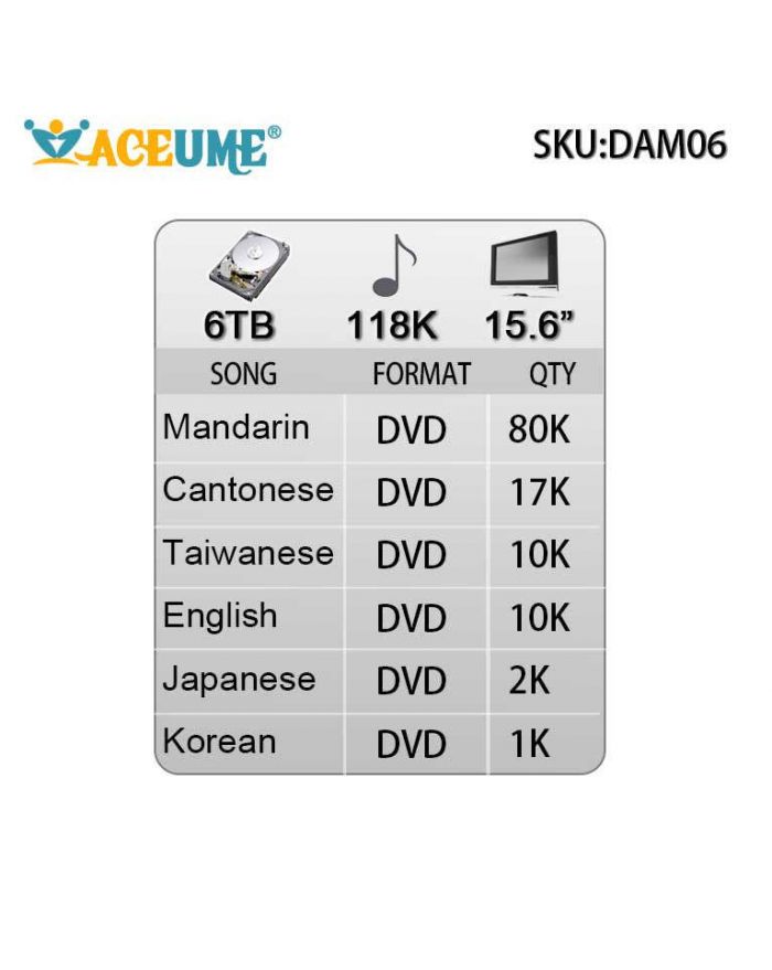 DAM06-5TB HDD 124K Chinese English Songs 15.6" Desktop  Touch screen karaoke player