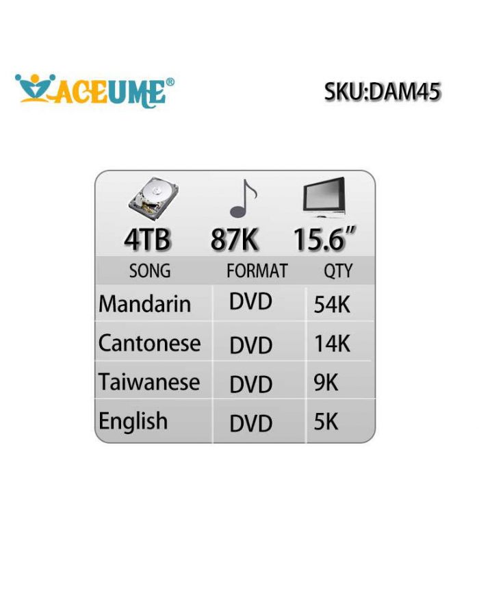DAM45-4TB HDD 87K Chinese English Songs 15.6" Desktop  Touch screen karaoke player
