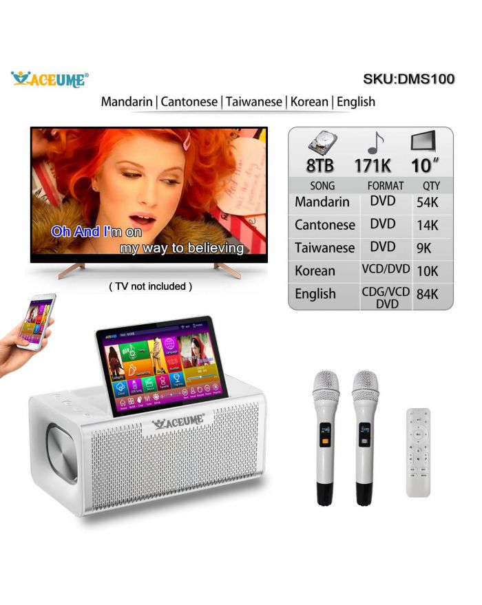 DMS100 8TB HDD 171K Touch Screen Karaoke Mandarin Cantonese English Taiwanese Korean Songs 10" Touch Screen Karaoke Player ECHO Mixing