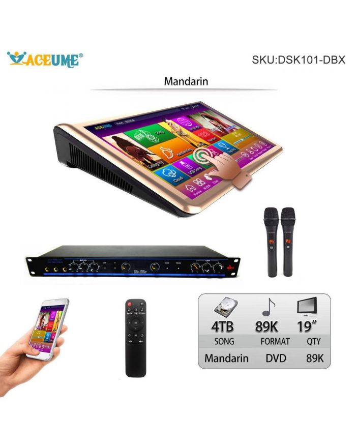 DSK101-DBX MIXER WIRELESS MICROPHONE 4TB HDD 89K Chinese Madarin Songs 19" Touch screen karaoke player Cloud Download 