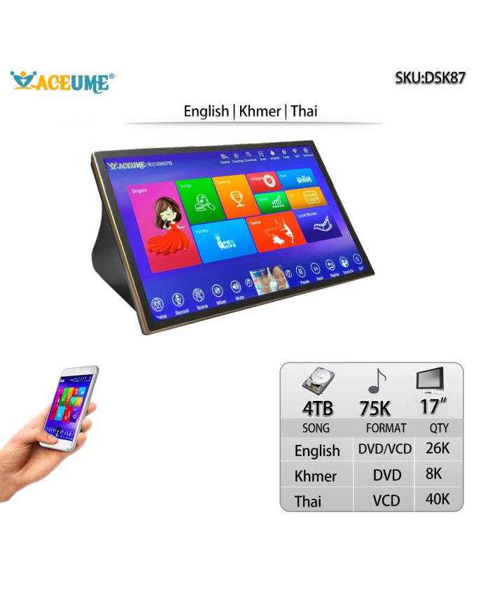 DSK17_87-4TB HDD 75K Khmer/Cambodian VCD DVD Thai VCD English DVD Songs 17" Touch Screen Karaoke Player.Select Songs Via Monitor and Mobile deviece Multilingual Menu And Fast Search
