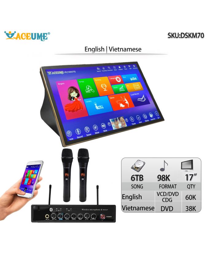 DSK17_M70-6TB HDD 98K Vietnamese English 17" Touch Screen Karaoke Player Multi Language Menu Remote Controller and Mobile Device Supported