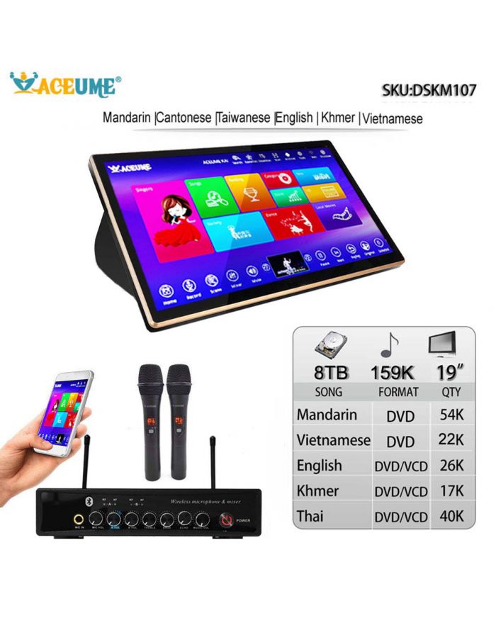 DSKM107-8TB HDD 159K Chinese English Khmer Thai Vietnamese  Songs 19" Touch Screen Karaoke Machine Individual Karaoke Mixer Free Wired Microphone