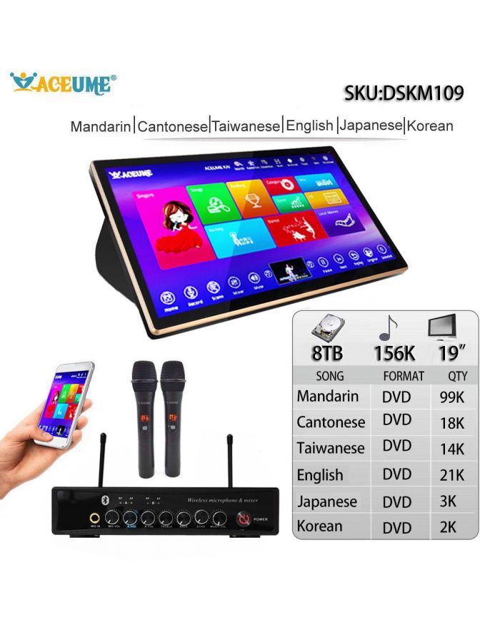 DSKM109-8TB HDD 156K English Chinese Cantonese  Taiwanese Janpanese  Korean Songs 19" Touch Screen Karaoke Machine Individual karaoke Mixer Free Wired Microphone