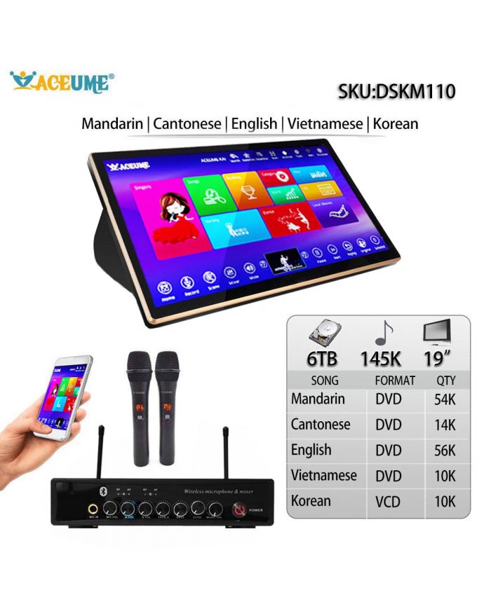DSKM110-6TB HDD 145K Mandarin Cantonese Vietnamese English Korean Songs 19" Touch Screen Karaoke Machine Individual karaoke Mixer Free Wired Microphone