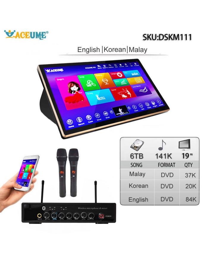 DSKM111-6TB HDD 141K English Korean Malay/Indonesia Songs 19" Touch Screen Karaoke Machine Individual karaoke Mixer Free Wired Microphone