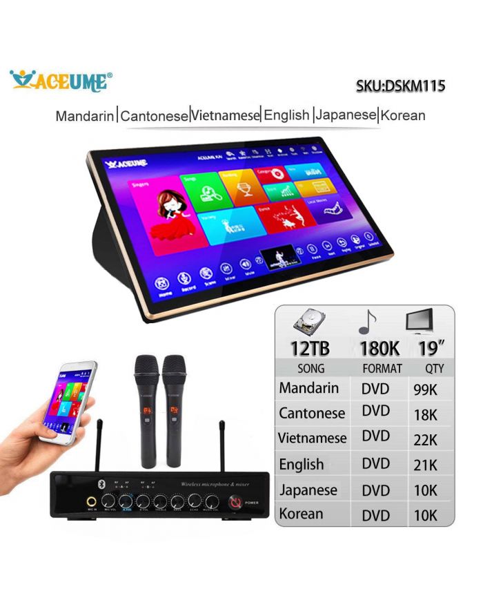 DSKM115-12TB HDD 180K English Chinese Cantonese  Vietnamese Janpanese  Korean Songs 19" Touch Screen Karaoke Machine Individual karaoke Mixer Free Wired Microphone