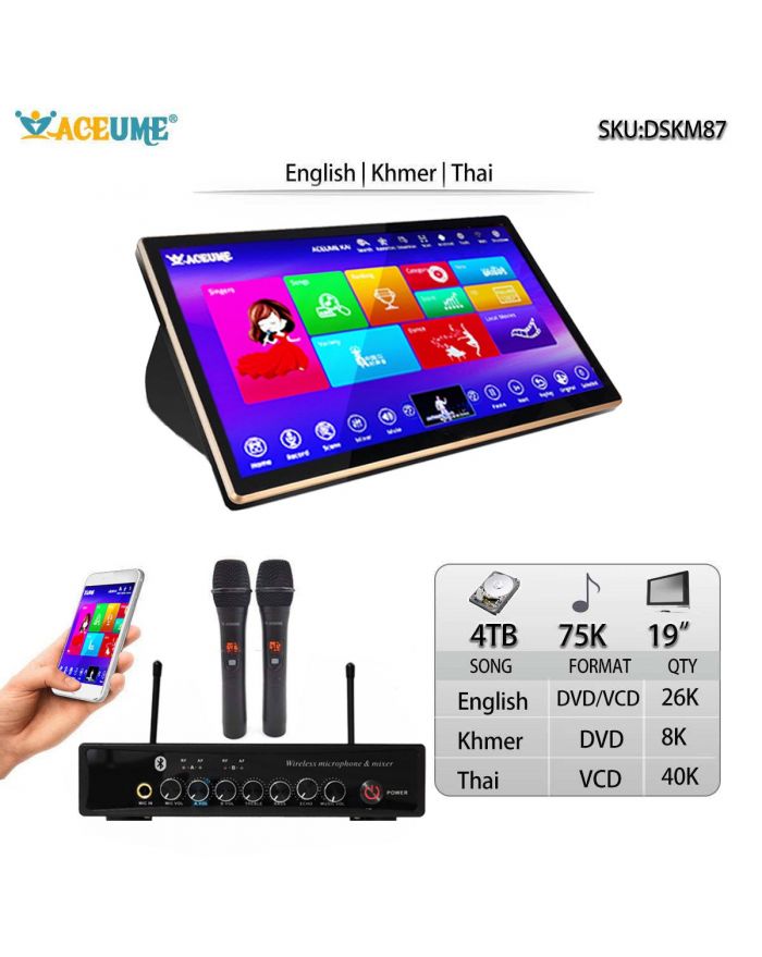 DSKM87-4TB HDD 75K Khmer/Cambodian VCD DVD Thai VCD English DVD Songs 19" Touch Screen Karaoke Player Select Songs Via Monitor And Mobile Deviece Multilingual Menu And Fast Search
