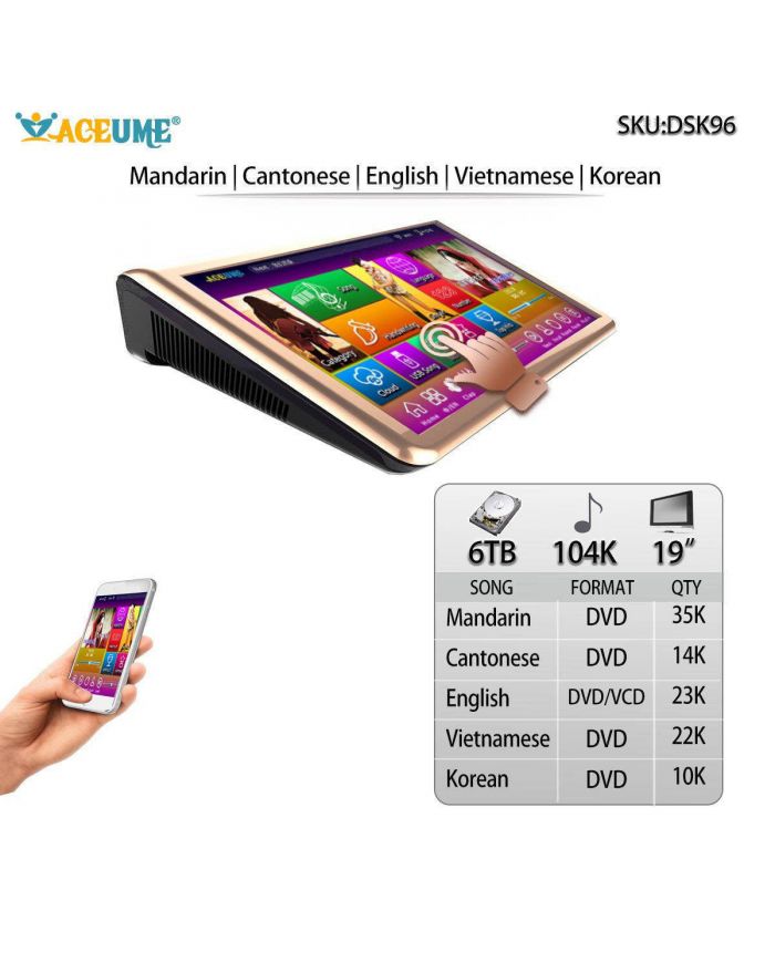 DSK96-6TB HDD 104K Chinese English Vietnamese Korean Songs 19" Touch Screen Karaoke Player Cloud Download Multilingual Menu and Fast Search 