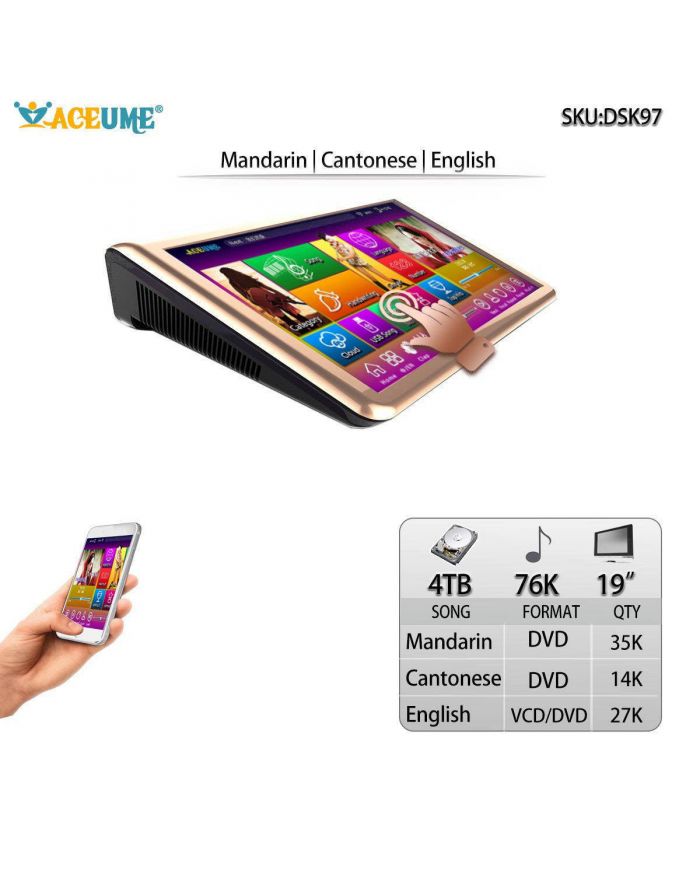 DSK97-4TB HDD 76K Chinese Mandarin Cantonese English Songs Touch Screen Karaoke Player 19" Cloud Download