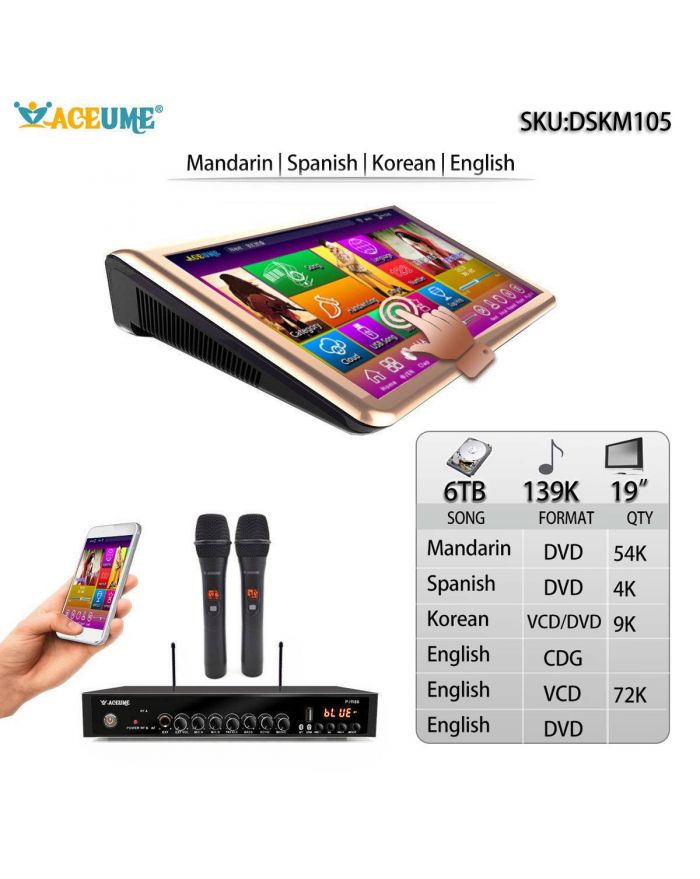 DSKM105-6TB HDD 139K English Chinese Thai Malay/Indonesia Songs 19" Touch Screen Karaoke Machine Individual karaoke Mixer Free Wired Microphone