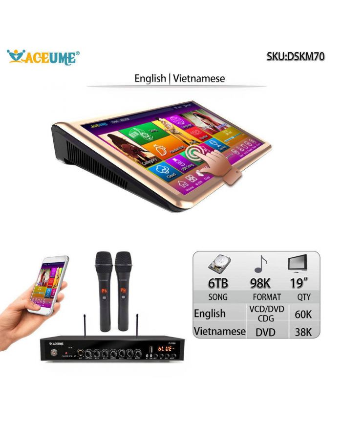 DSKM70-6TB HDD 98K Vietnamese English 19" Touch Screen Karaoke Player Multi Language Menu Remote Controller and Mobile Device Supported.