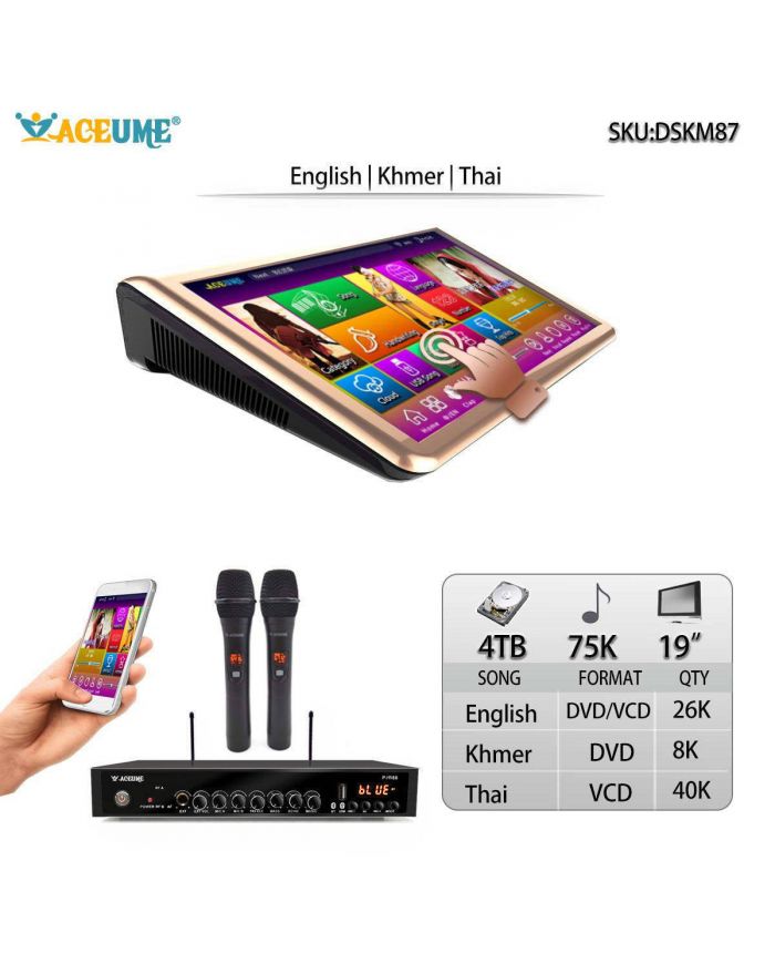 DSKM87-4TB HDD 75K Khmer/Cambodian VCD DVD Thai VCD English DVD Songs 19" Touch Screen Karaoke Player Select Songs Via Monitor And Mobile Deviece Multilingual Menu And Fast Search