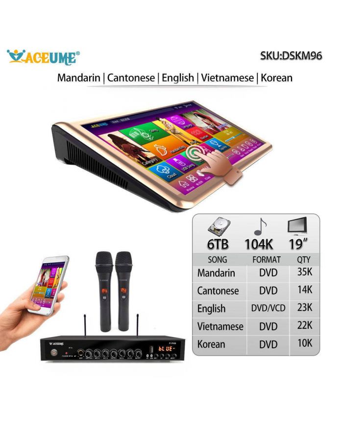DSKM96-6TB HDD 104K Chinese English Vietnamese Korean Songs 19" Touch Screen Karaoke Player Cloud Download Multilingual Menu and Fast Search 
