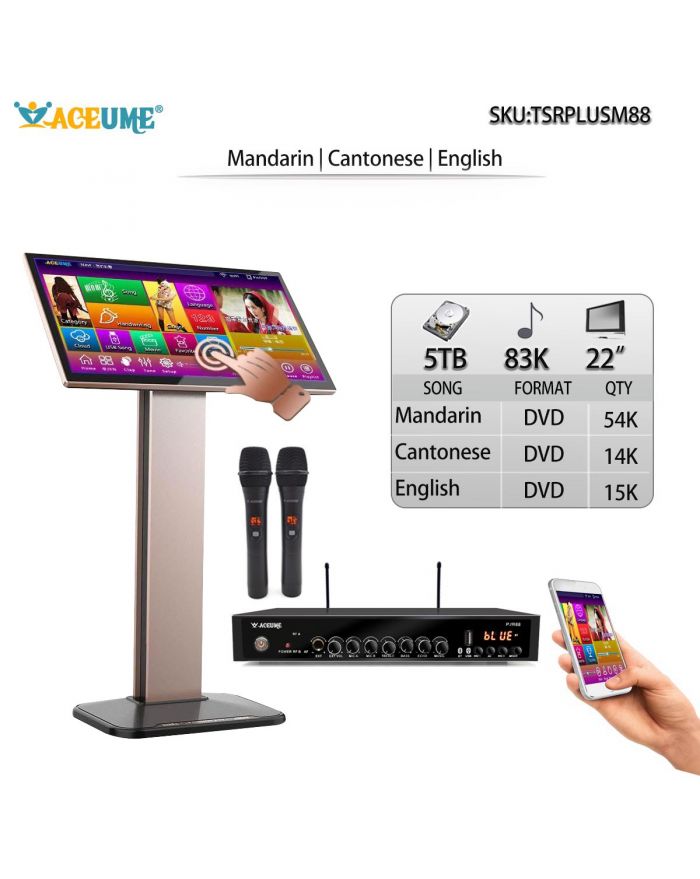 TSMPLUS88-4TB HDD 87K Chinese English Songs 22" Touch screen karaoke player Cloud Download Microphone Port ECHO Mixing Free Microphone Included 