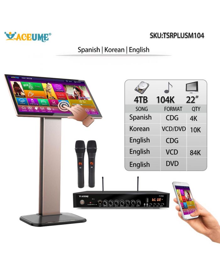 TSRPLUSM104-4TB HDD104K Korean and English Songs ACEUME TSRPLUS 22" Touch Screen Karaoke Player Songs Player Jukebox Select Songs Both Via Monitor Microphone