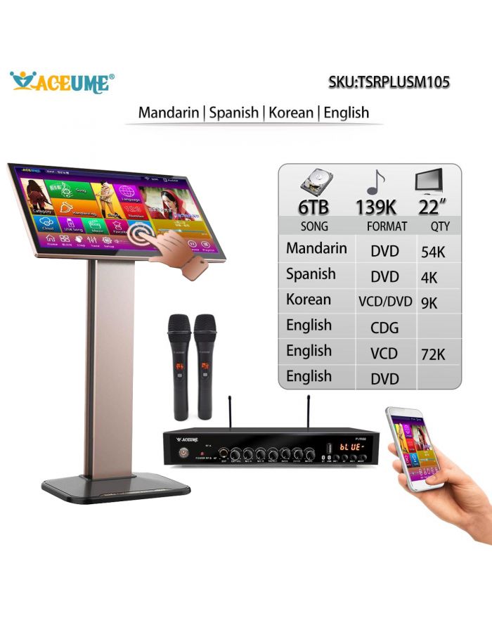 TSRPLUSM105-6TB HDD 139K Chinese English Korean 22" Touch Screen Karaoke Player ECHO Mixing