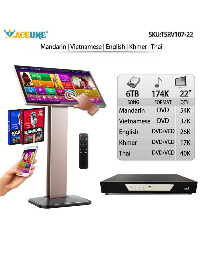 TSRV107-22 6TB 174K Chinese English Khmer Thai Vietnamese Songs 22" TSRV Touch Screen Karaoke Player Cloud Download Remote Controller