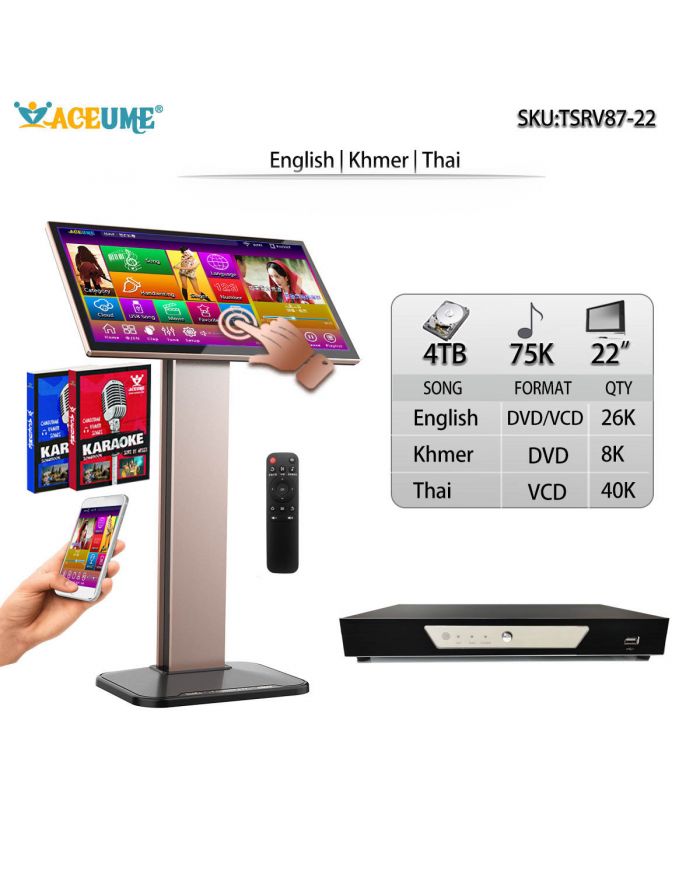 TSRV87-22 4TB HDD 75K Khmer/Cambodian DVD Thai VCD English DVD Songs 22" Touch Screen Karaoke Player Select Songs Via Monitor and Mobile deviece Remote Controller Includd Multilingual Menu And Fast Search
