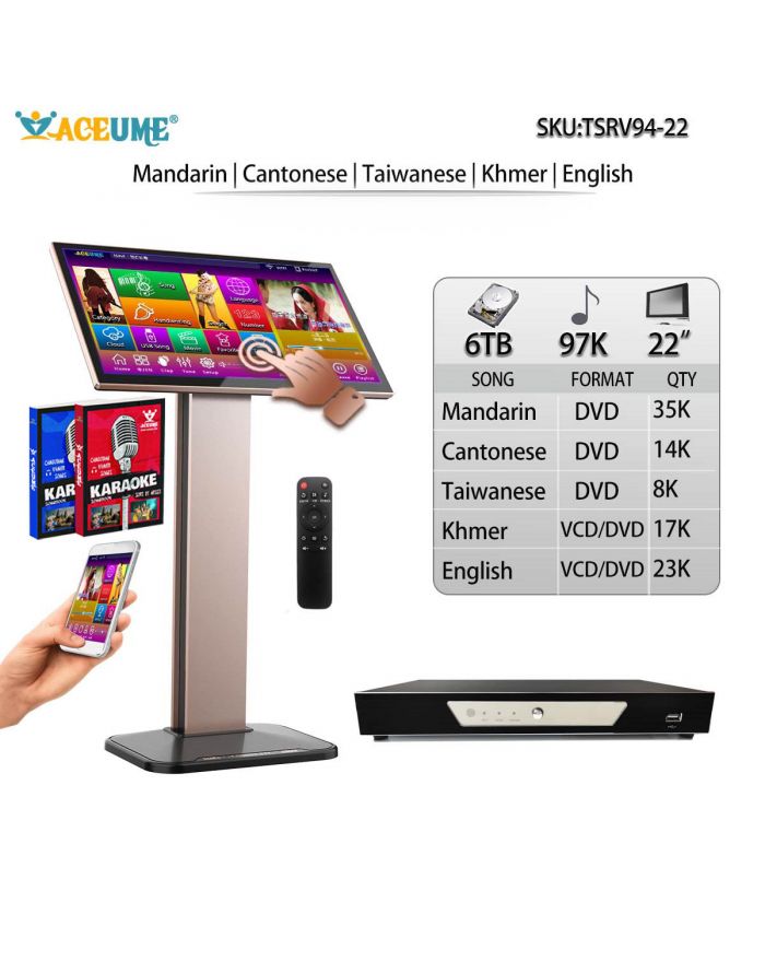 TSRV94-22 6TB 97K Chinese DVD English DVD Khmer/Cambodian VCD DVD Songs 22" Touch Screen Karaoke Player Cloud Download Remote Controller