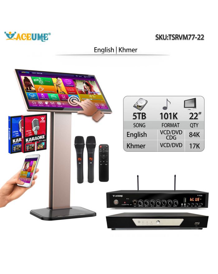 TSRVM77-22 5TB HDD 101K Khmer Cambodian English 22" Touch Screen Karaoke Player Select Songs Both Via Monitor and Mobile Device Remote Controller Muiltilingual Menu and Microphone