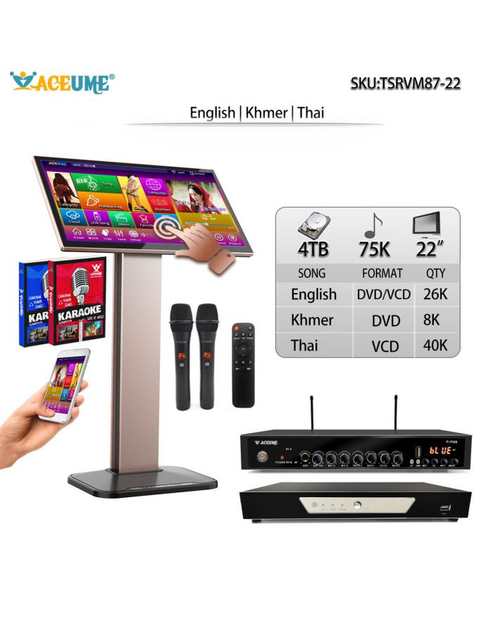TSRVM87-22 4TB HDD 75K Khmer/Cambodian Thai English Songs 22" Touch Screen Karaoke Player Karaoke Mixer Free Wired Microphone and Remote Controller Multi Language Menu And Fast Search