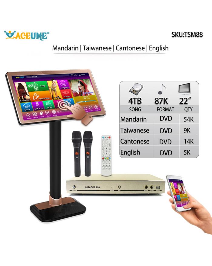 TSM88-22 4TB HDD 87K Mandarin Cantonese Taiwanese English   Songs 22" Touch screen karaoke player Cloud Download Microphone Port ECHO Mixing Free Microphone Included 