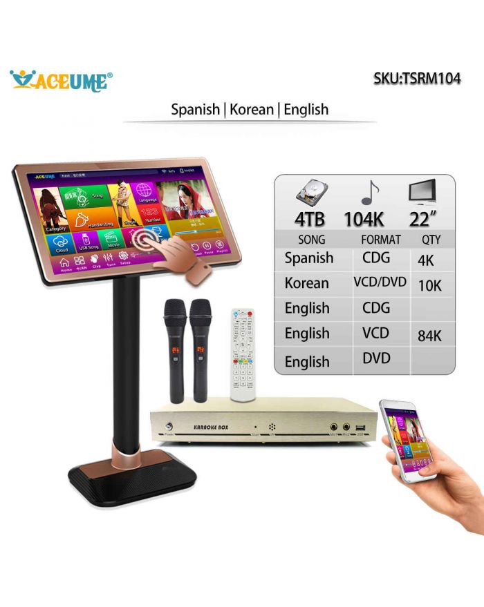 TSRM104-4TB HDD104K Korean and English Songs ACEUME TSR 22" Touch Screen Karaoke Player Songs Player Jukebox Select Songs Both Via Monitor Microphone