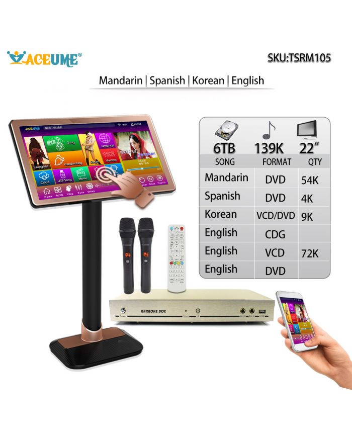 TSRM105-6TB HDD 139K Chinese English Korean 22" Touch Screen Karaoke Player ECHO Mixing
