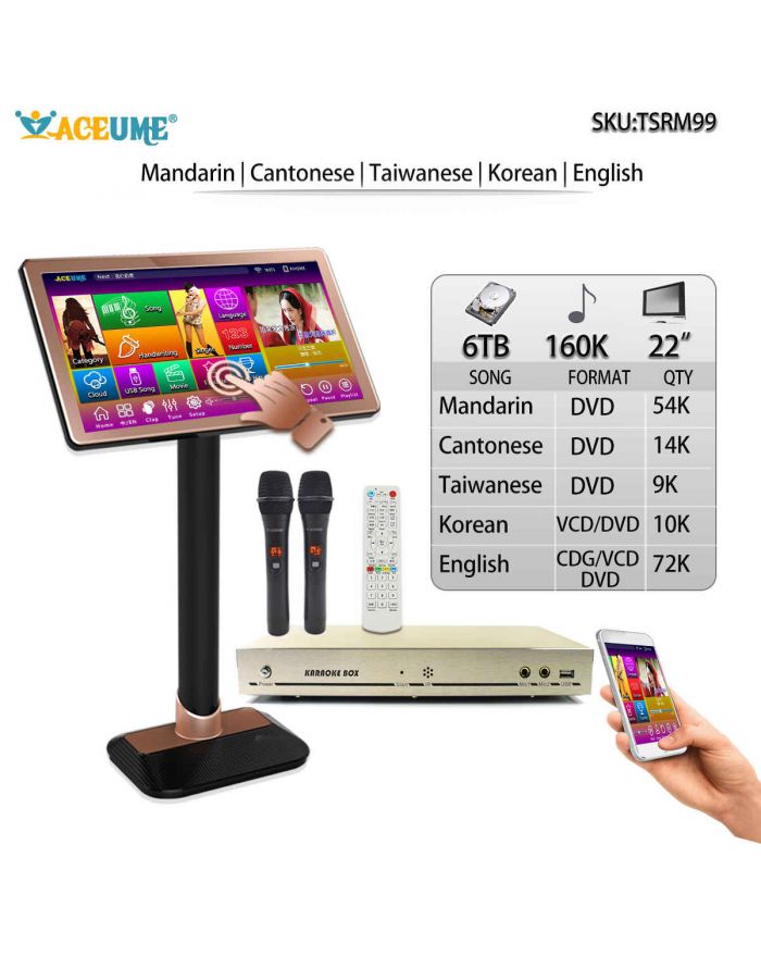 TSR99M-6TB HDD 160K Mandarin Cantonese Taiwanese English Korean Songs 22"Touch Screen Karaoke Player Cloud Download Jukebox Select Songs Via Monitor and Mobile Device Remote Controller and microphone