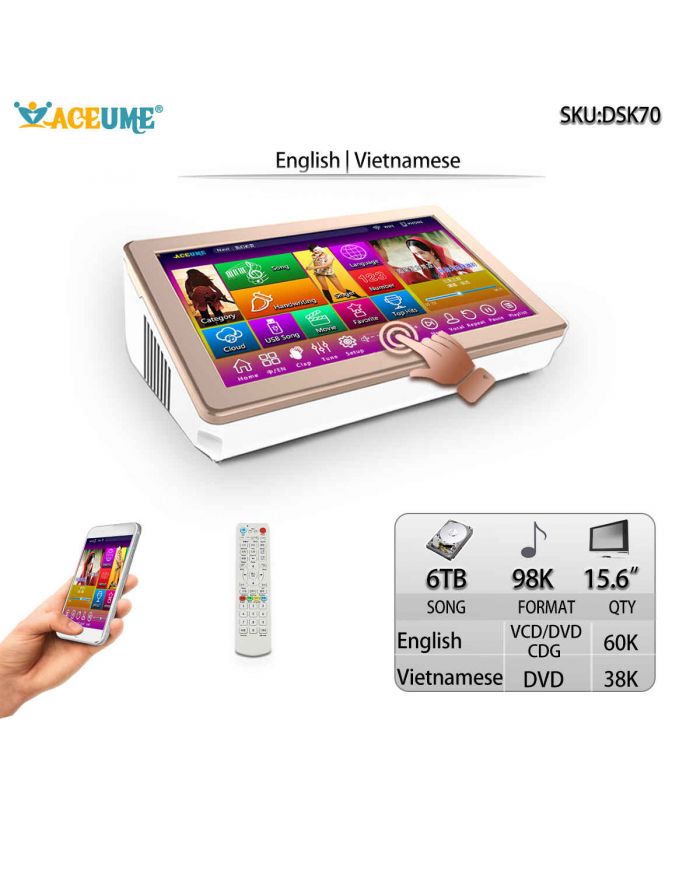 DSK15.6_70-6TB HDD 98K Vietnamese English 15.6" Touch Screen Karaoke Player Multi Language Menu Remote Controller and Mobile Device Supported.