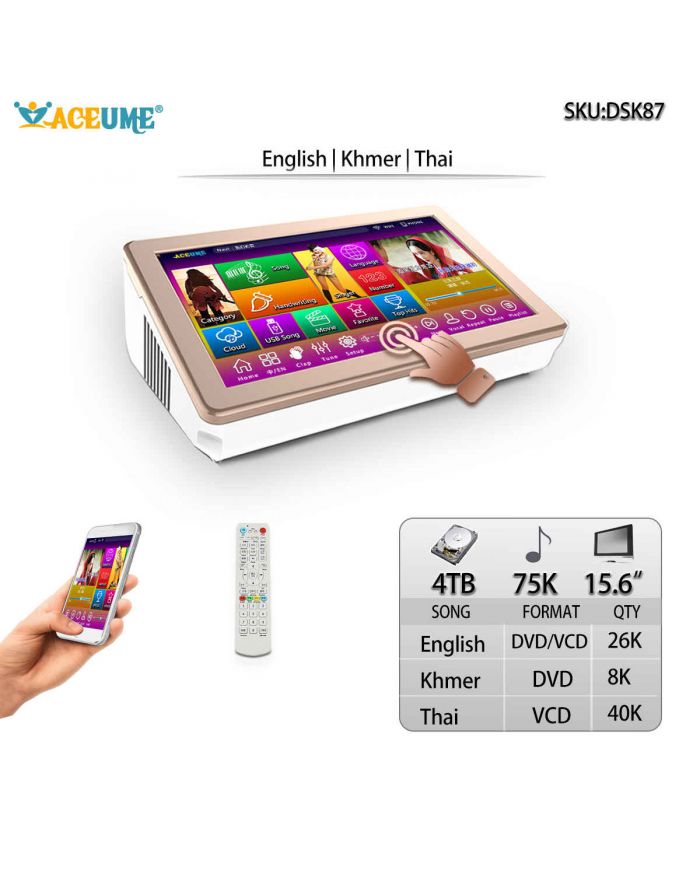 DSK15.6_87-4TB HDD 75K Khmer/Cambodian VCD DVD Thai VCD English DVD Songs 15.6" Touch Screen Karaoke Player.Select Songs Via Monitor and Mobile deviece Multilingual Menu And Fast Search