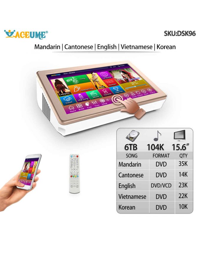 DSK15.6_96-6TB HDD 104K Chinese English Vietnamese Korean Songs 15.6" Touch Screen Karaoke Player Cloud Download Multilingual Menu and Fast Search Remote Controller