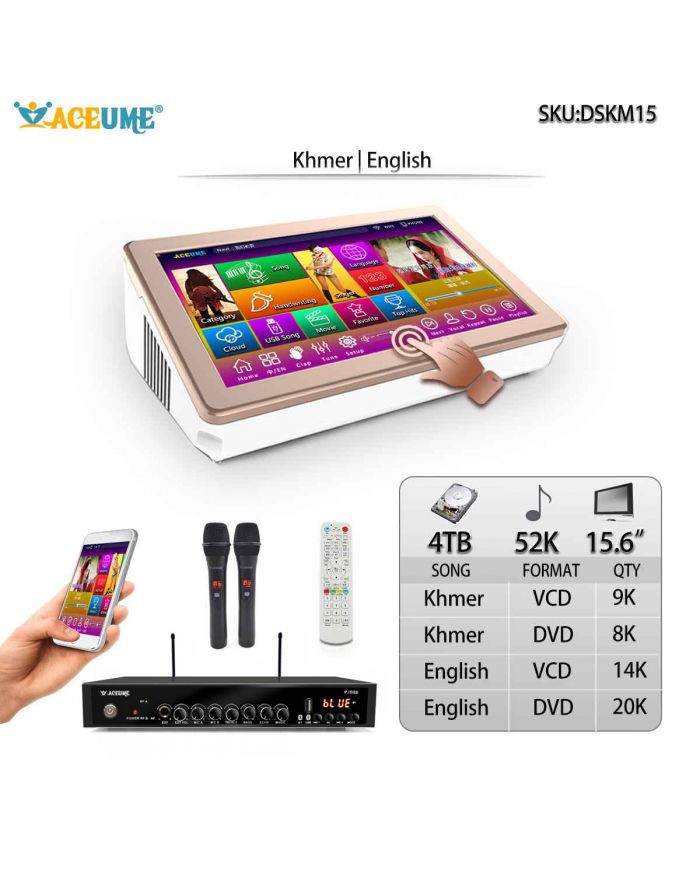 DSK15.6_M15-4TB HDD 52K Khmer/Cambodian English Songs 15.6" Touch Screen Karaoke Player Microphone Port EHCO Mixing Khmer Menu Support Cloud Update Mobile Device Touch Screen Monitor Select Songs Multilingual Menu