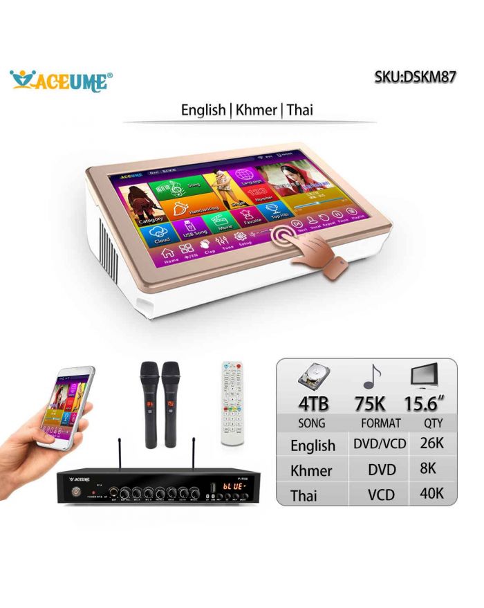 DSK15.6_M87-4TB HDD 75K Khmer/Cambodian VCD DVD Thai VCD English DVD Songs 15.6" Touch Screen Karaoke Player.Select Songs Via Monitor and Mobile deviece Multilingual Menu And Fast Search