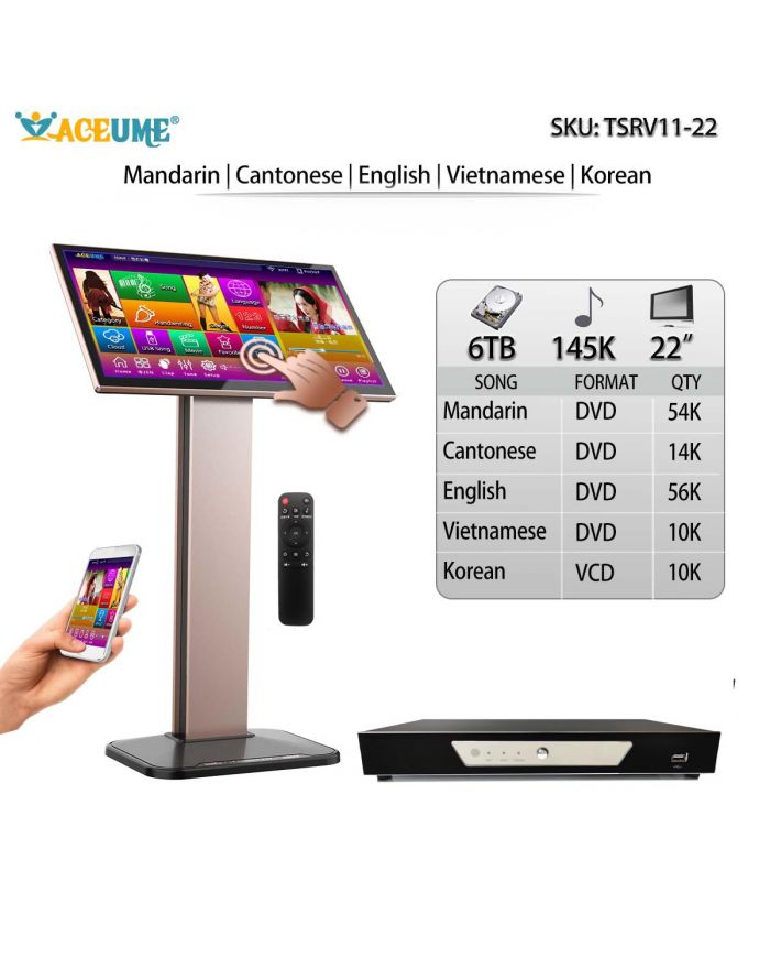TSRV110-22 4TB HDD 74K Burmese/Myanmar English Thai Songs 22" TSRV Touch Screen Karaoke Player Input ECHO Mixing Multilingual Menu And Fast Search Remote Controller Included