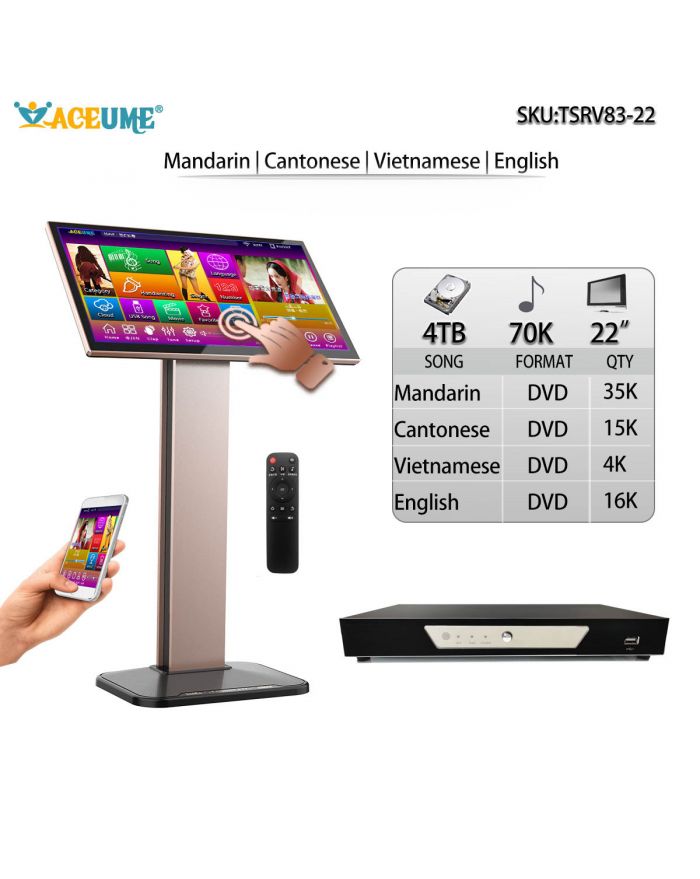 TSRV83-22 4TB HDD 70K MANDARIN CANTONESE ENGLISH VIETNAMESE SONGS 22" THREE IN ONE TOUCH SCREEN KARAOKE PLAYER SELECT AND SEARCH SONGS BOTH VIA TOUCH SCREEN PLAYER AND MOBILE DEVICE REMOTE CONTROLLER