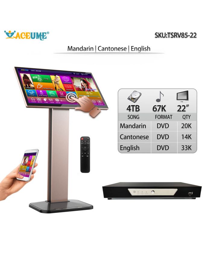 TSRV85-22 4TB HDD 67K KHMER/CAMBODIAN DVD THAI VCD ENGLISH DVD SONGS 22" TOUCH SCREEN KARAOKE PLAYER SELECT SONGS VIA MONITOR AND MOBILE DEVIECE REMOTE CONTROLLER INCLUDD MULTILINGUAL MENU AND FAST SEARCH