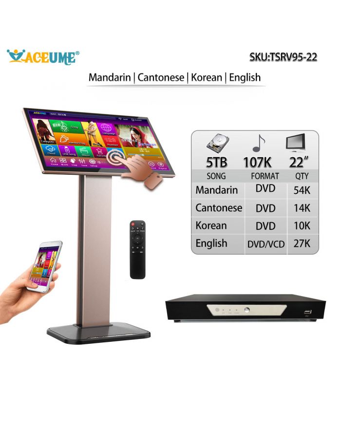 TSRV95-22 5TB HDD 107K CHINESE ENGLISH KOREAN Cantonese  SONGS 22" TOUCH SCREEN KARAOKE PLAYER/JUKEBOX MULTILINGUAL MENU AND FAST SEARCH SELECT SONGS VIA MOINITOR AND MOBILE DEVICE REMOTE CONTROLLER
