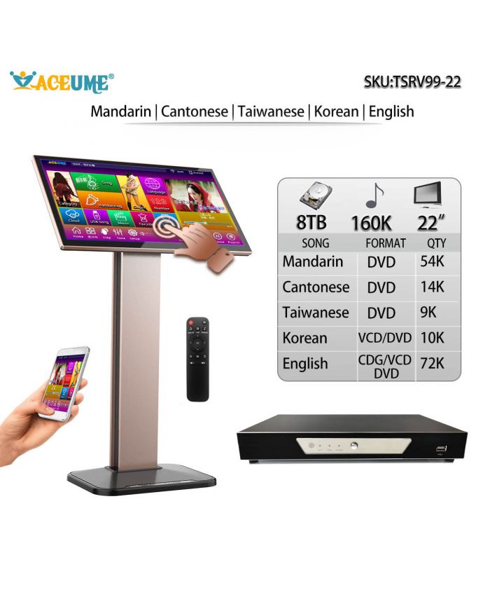 TSRV99-22 8TB HDD 160K MANDARIN CANTONESE TAIWANESE ENGLISH KOREAN SONGS 22"TOUCH SCREEN KARAOKE PLAYER CLOUD DOWNLOAD JUKEBOX SELECT SONGS VIA MONITOR AND MOBILE DEVICE REMOTE CONTROLLER
