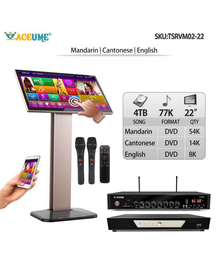 TSRVM02-22 4TB HDD 77K Touch Screen Karaoke Machine Mandarin Cantonese English Songs Player Microphone Input Sound Mixing Free Microphone Included 22"TSRV Cloud Download