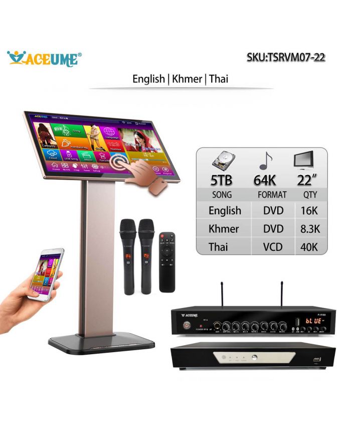 TSRVM07-22 5TB HDD 64K NEW Khmer/Cambodian songs Thai English Songs 22" Touch Screen Karaoke Player ECHO Mixing Select Songs Via Monitor and Mobile deviece Remote Controller and Microphone Includd Multilingual Menu 