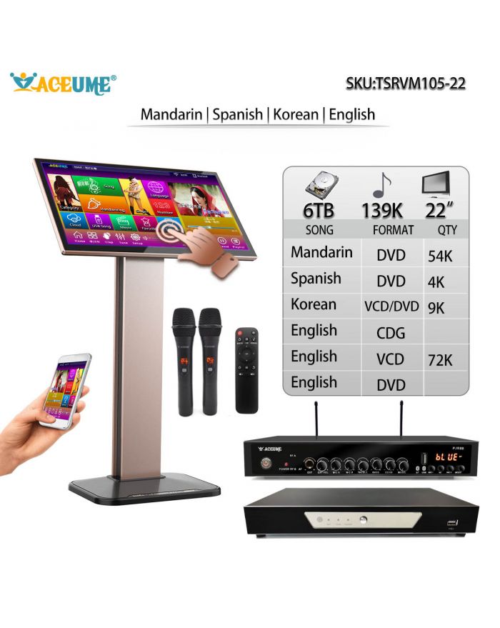 TSRVM105-22 6TB HDD 139K Chinese English Korean 22" Touch Screen Karaoke Player ECHO Mixing