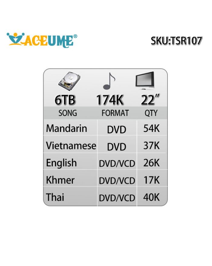 TSR107-8TB 174K Chinese English Khmer Thai Vietnamese Songs 22" TSR Touch Screen Karaoke Player Cloud Download Remote Controller
