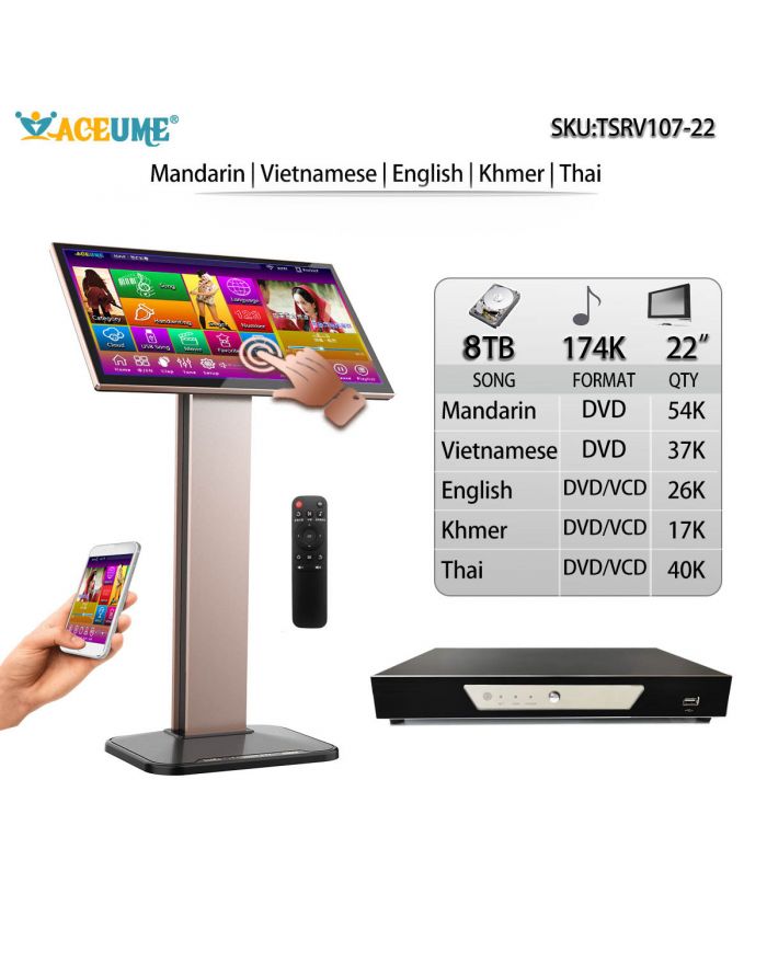 TSRV107-22 8TB 174K Chinese English Khmer Thai Vietnamese Songs 22" TSRV Touch Screen Karaoke Player Cloud Download Remote Controller