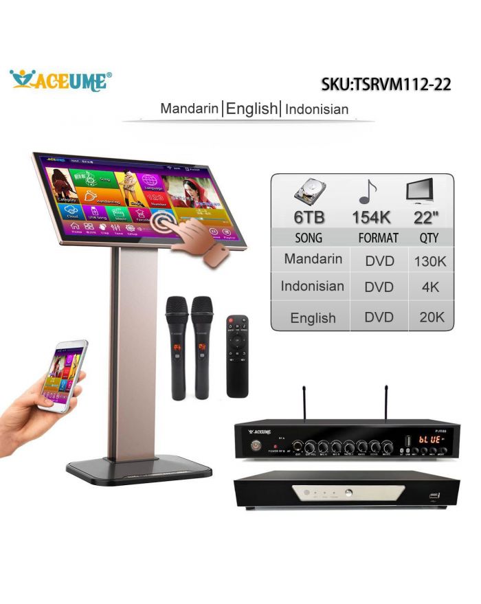 TSRVM112-22 6TB HDD 154K Burmese/Myanmar English Thai Songs 22" TSRV Touch Screen Karaoke Player Micophone Input ECHO Mixing Multilingual Menu And Fast Search Remote Controller Included