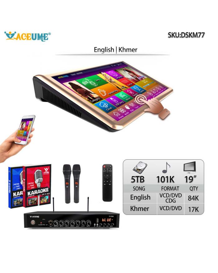 DSKM77-5TB HDD 101K Khmer VCD DVD Songs Cambodian English CDG VCD DVD Songs 19".inAll in one Touch Screen Karaoke Player Select Songs Both Via Monitor and Mobile Device Muiltilingual Menu and Songs Title