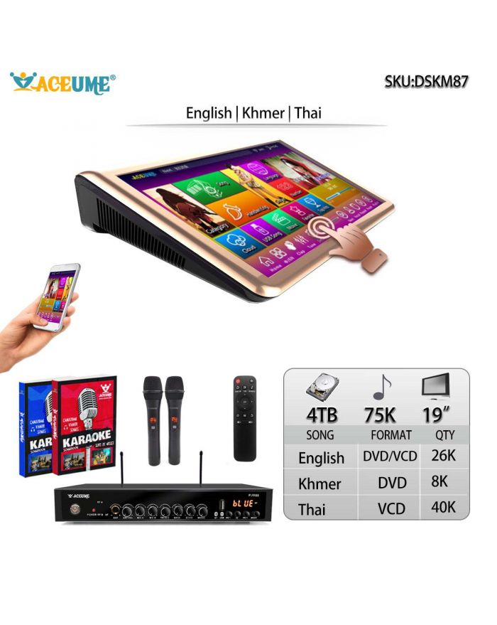 DSKM87-4TB HDD 75K Khmer/Cambodian VCD DVD Thai VCD English DVD Songs 19" Touch Screen Karaoke Player.Select Songs Via Monitor and Mobile deviece Multilingual Menu And Fast Search