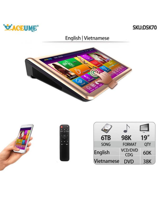 DSK70-6TB HDD 98K Vietnamese English 19" Touch Screen Karaoke Player Multi Language Menu Remote Controller and Mobile Device Supported.